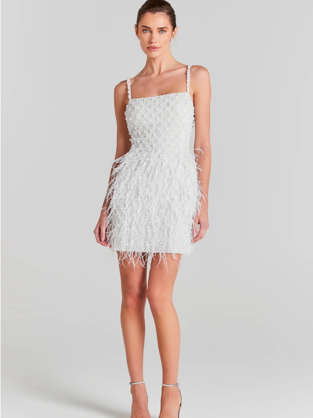 NADINE MERABI Ivory Beaded Feather Mini Dress - Original Box included
